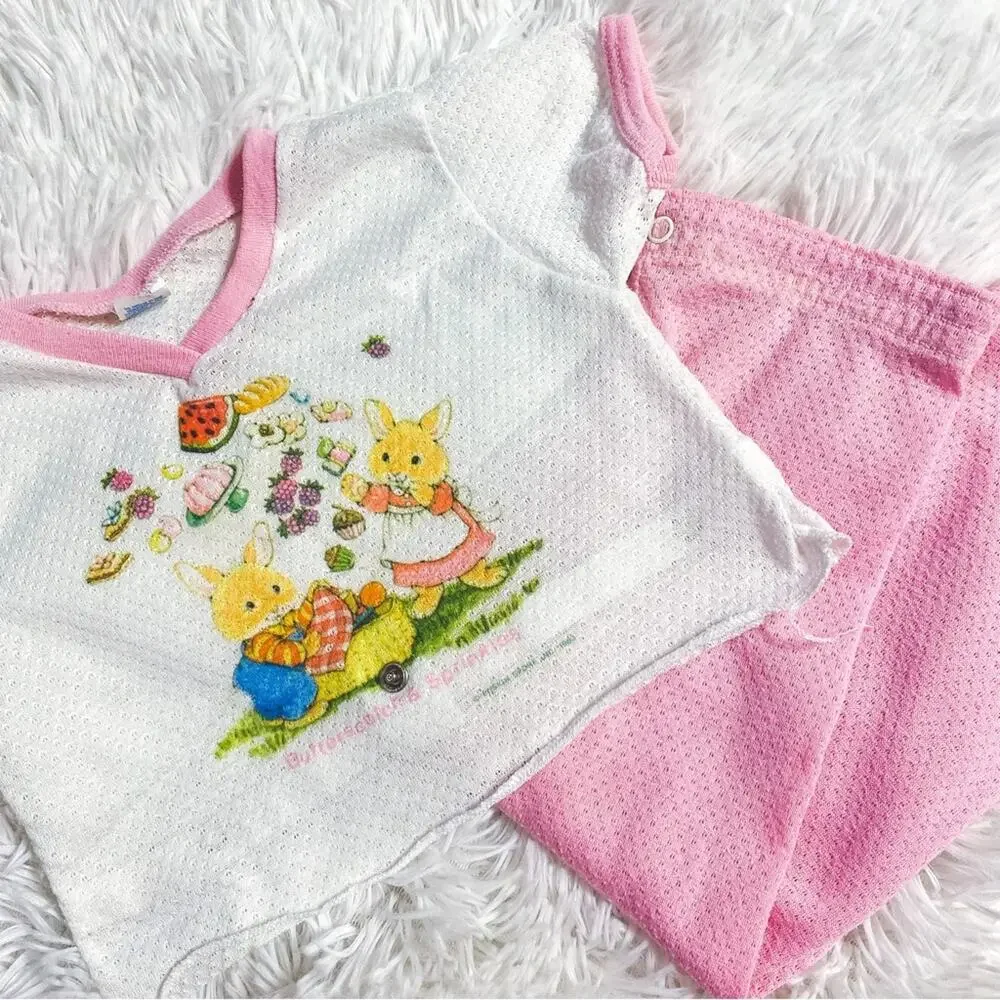 VINTAGE • Pink + White Bunny Snap Waist Waffle Knit Pajama Set